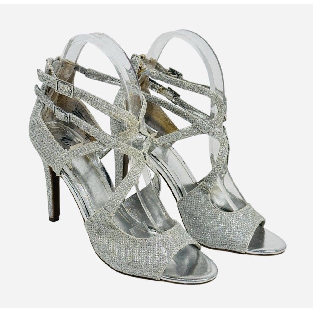 Fioni Night Sandals Womens 6.5 Strappy Silver Faux Leather Casual Glitter Heels